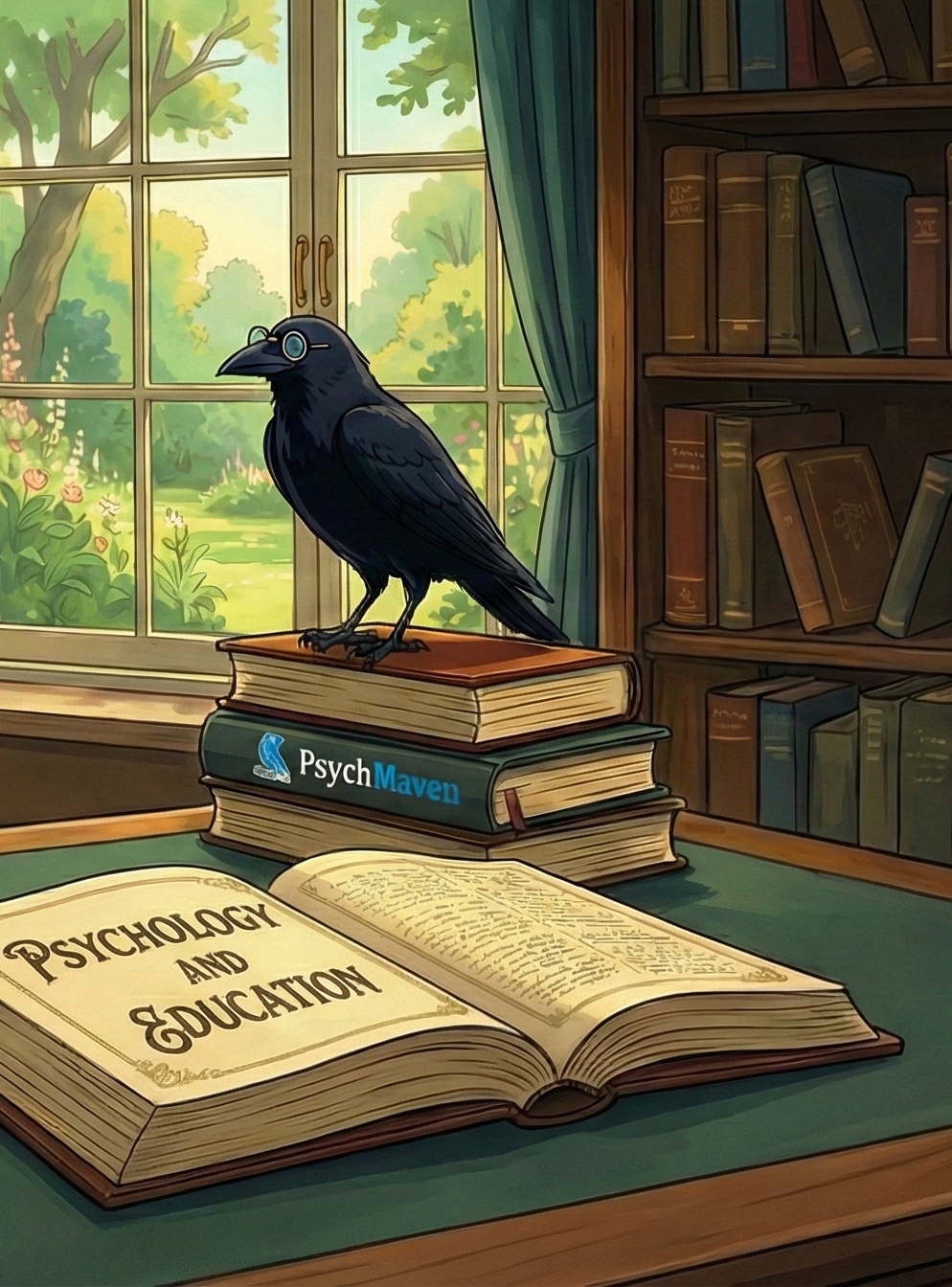 A scholarly raven perched on stacked books in a warm lamp-lit study